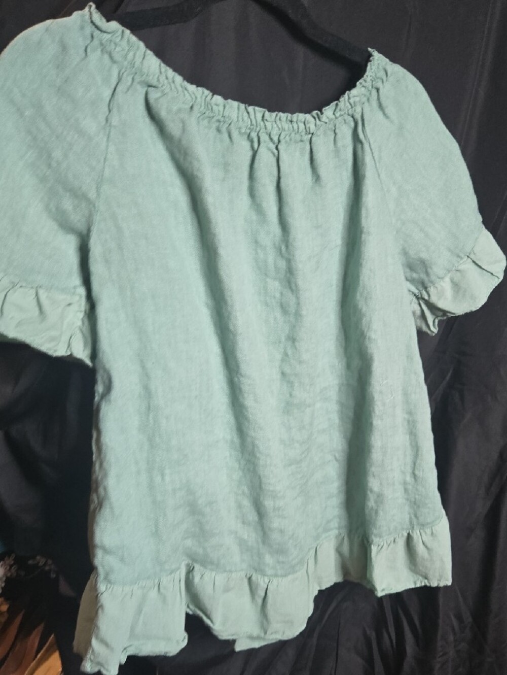 Relaxed Seafoam Green Linen Peasant Blouse - Picture 4 of 5